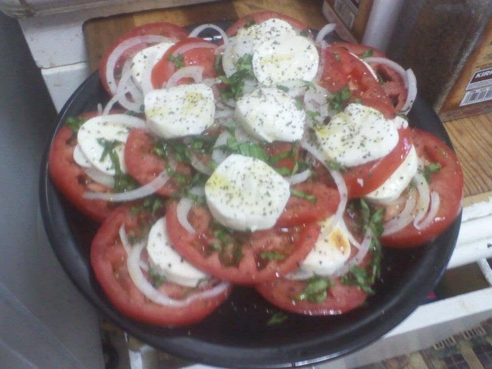 Tomato, onion, and mozzarella